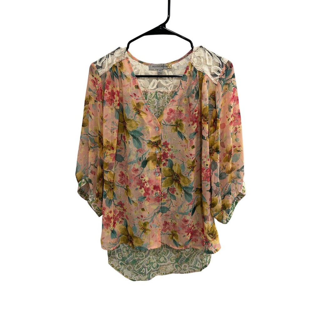 Figueroa & Flowers Womens Floral Sheer Top Blouse Lace Detail Size M Boho